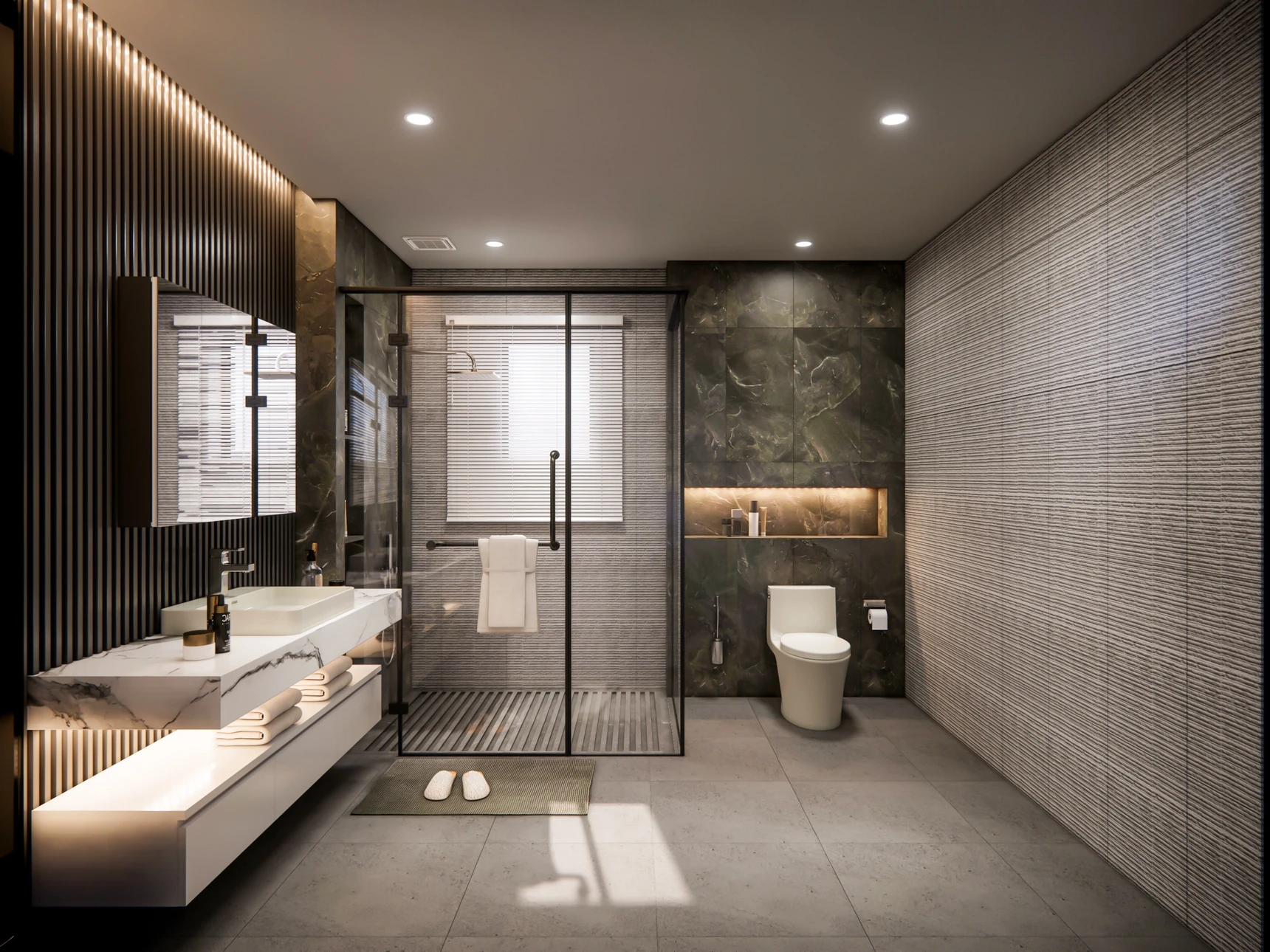 Int&eacute;rieur de salle de bains moderne avec lavabo blanc et robinetterie chrom&eacute;e