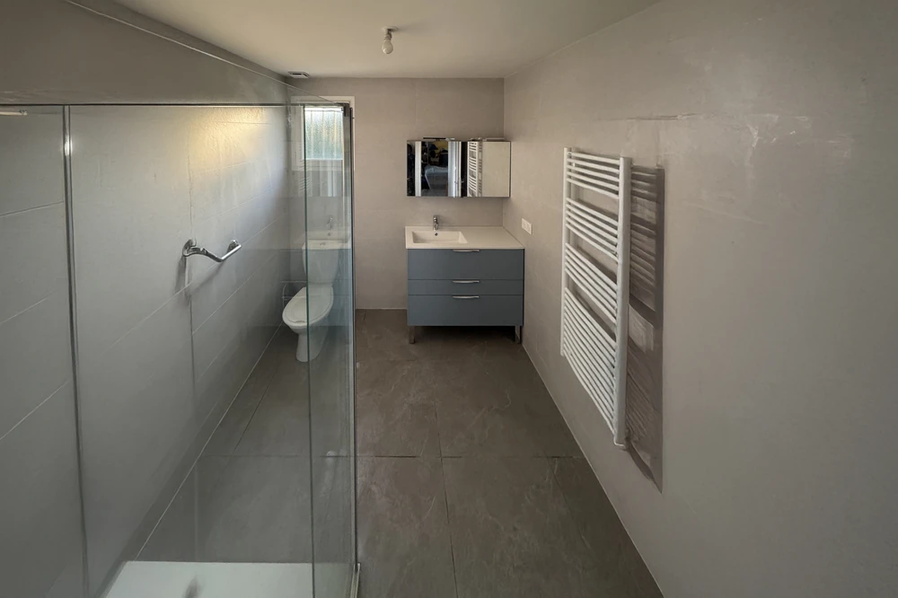 Salle de bain moderne haut de gamme avec douche à l'italienne vitrée, carrelage anthracite grand format à joints fins